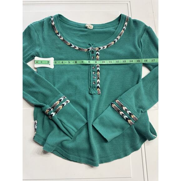 We the Free People XS Green Thermal Top Embroidered Long Sleeve Henley Shirt - Picture 5 of 7